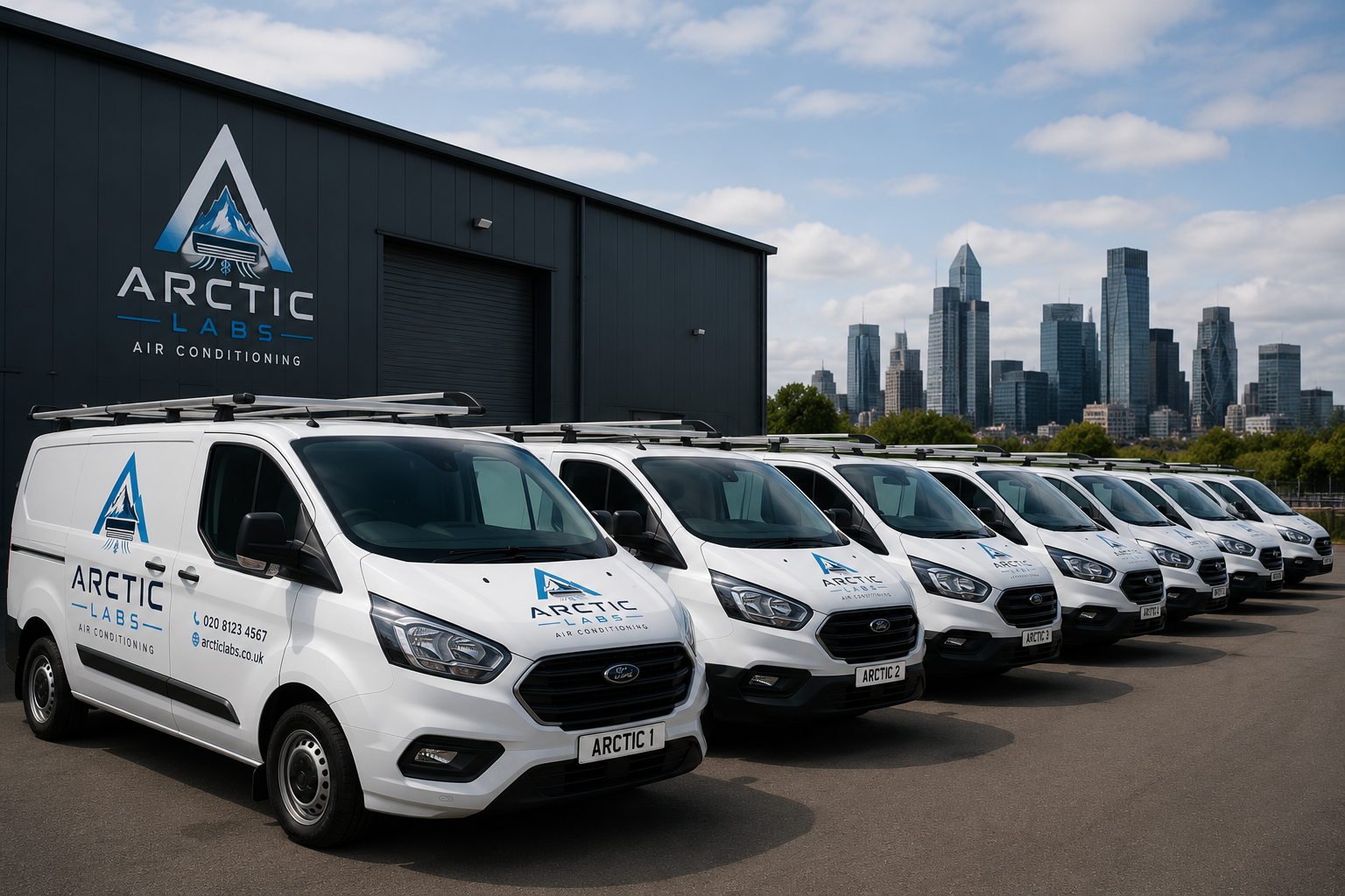 Arctic Labs fleet of white branded vans