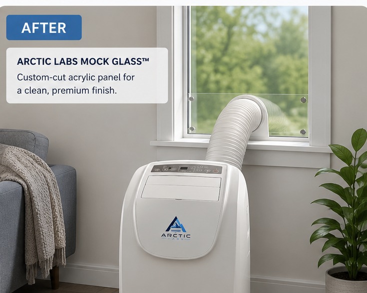 Arctic Labs Mock Glass custom-cut acrylic window panel installed on a portable air conditioner exhaust