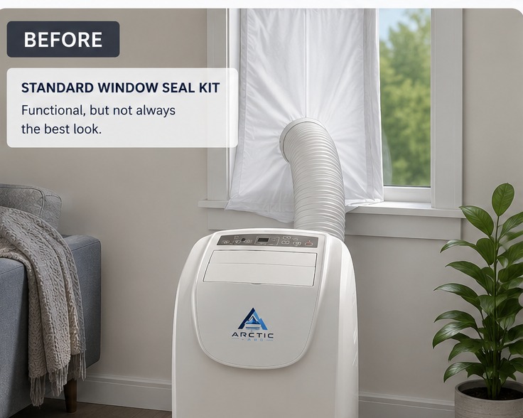 Standard fabric window seal kit fitted to a portable air conditioner exhaust hose