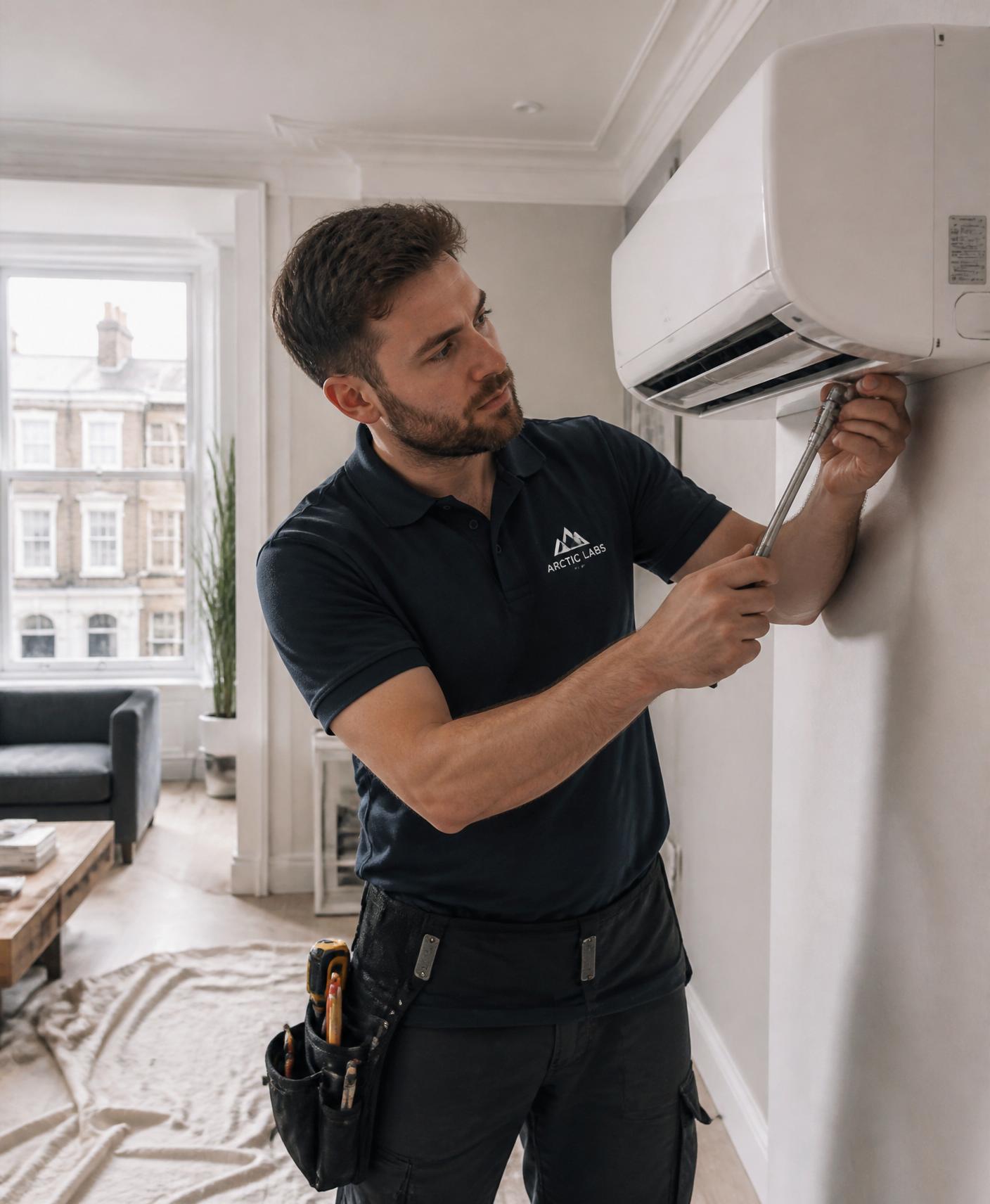 Arctic Labs engineer installing a wall-mounted split unit